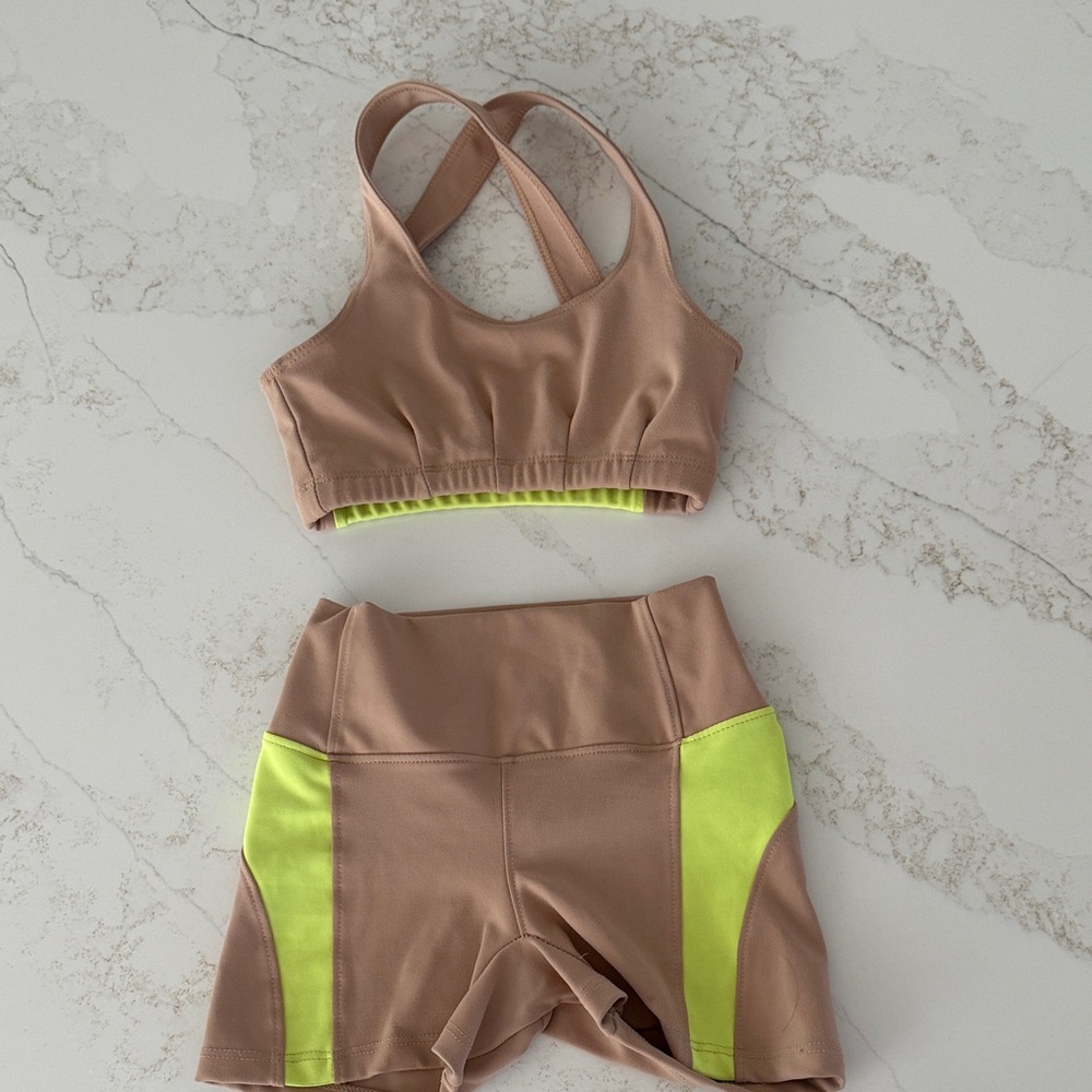 FIVE Dancewear Tan and Neon Green Sports Bra and Shorts Set